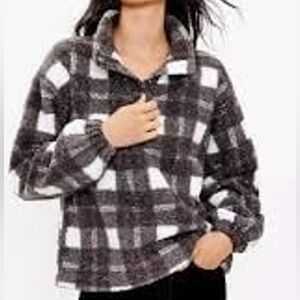 LOFT Black and White Plaid Teddy Jacket